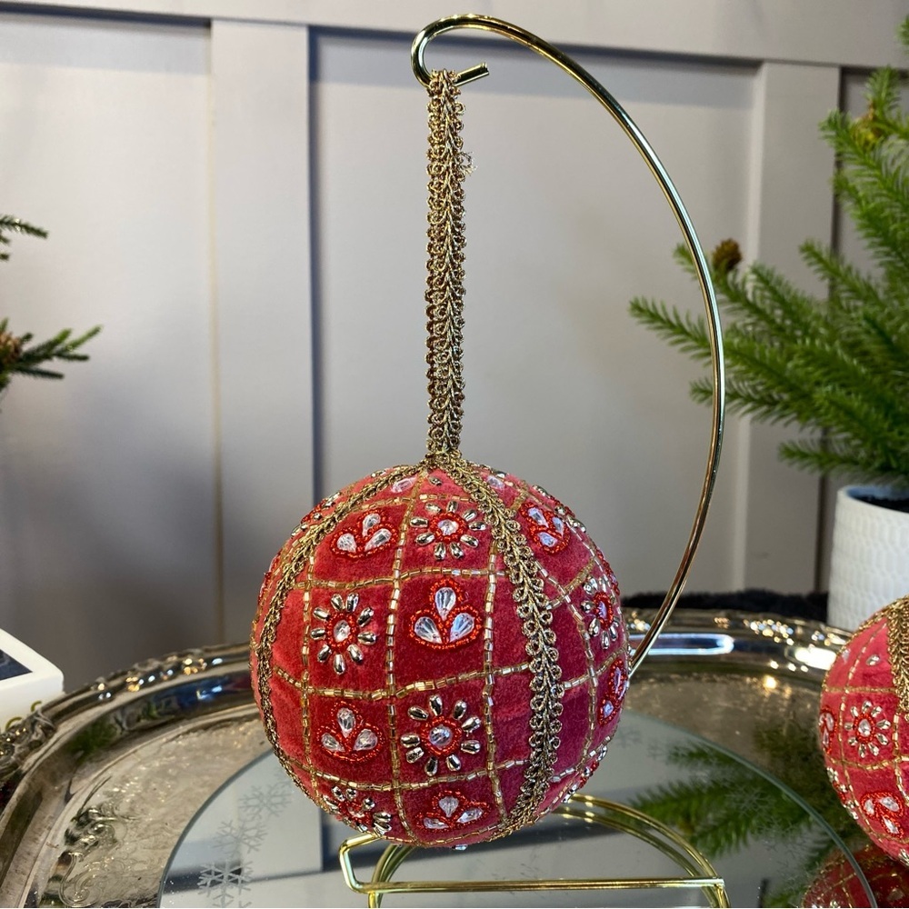 Mauve Velvet Beaded Red Ball Ornament  handcrafted 4.5”